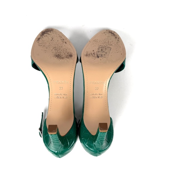 HERMES Joy 70 Special Order Green Shiny Mississippiensis Alligator Sandals 37 - Picture 12 of 13